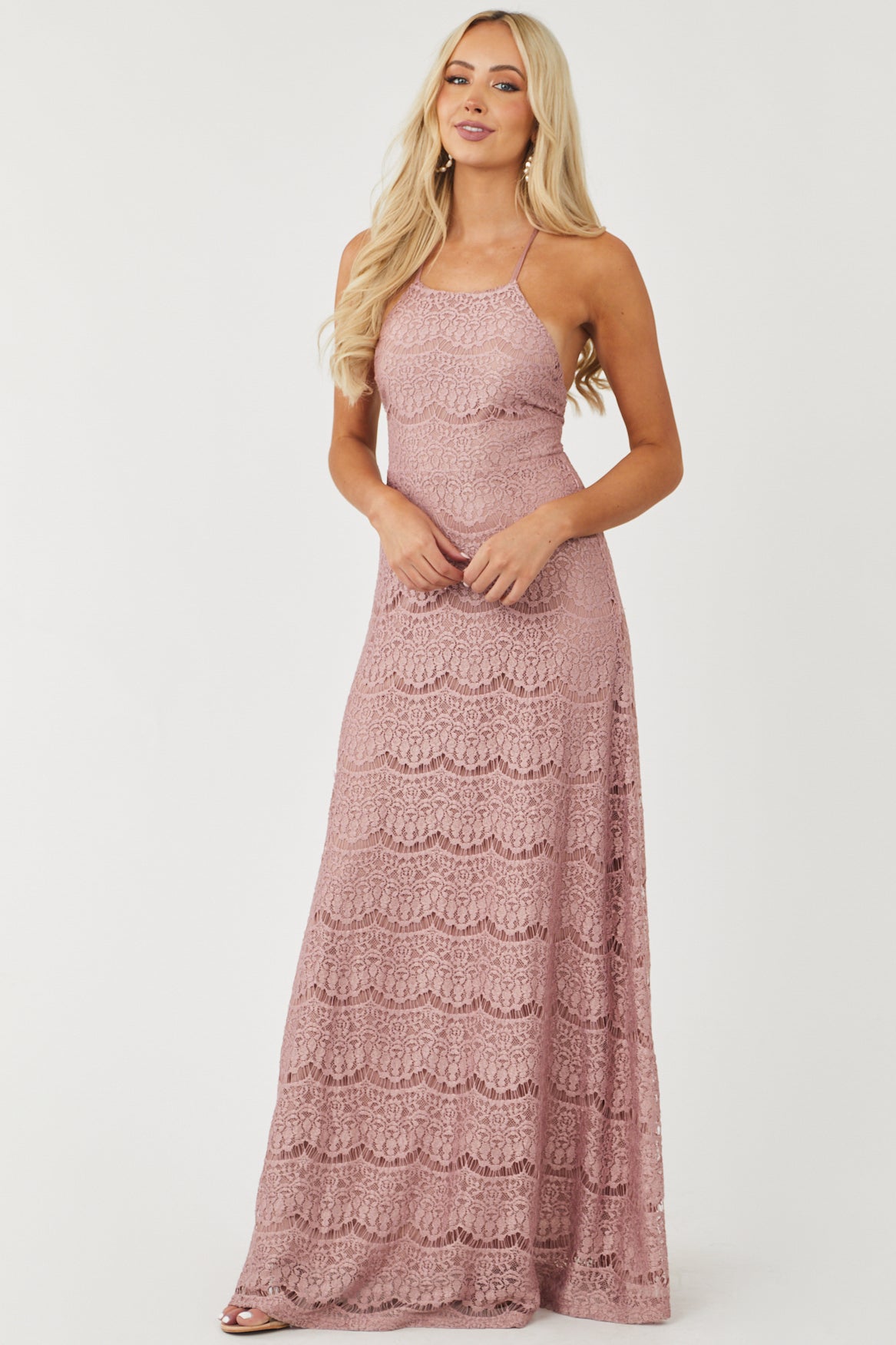 Mauve Crochet Lace Halter Neck Maxi Dress