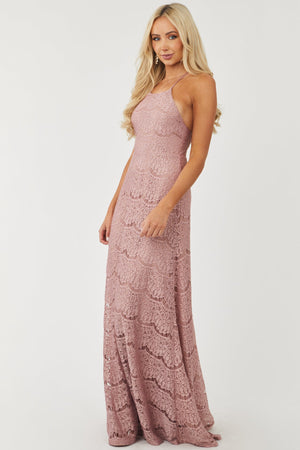Mauve Crochet Lace Halter Neck Maxi Dress