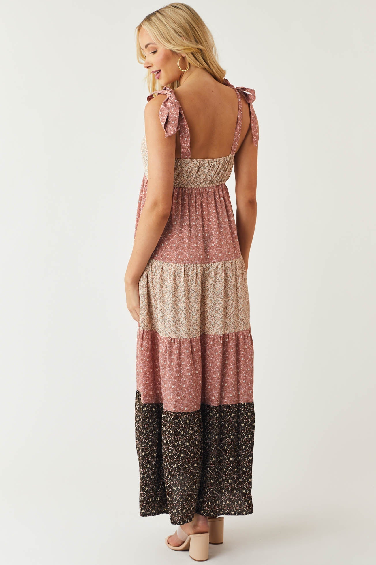 Mauve Ditsy Floral Colorblock Tiered Maxi Dress
