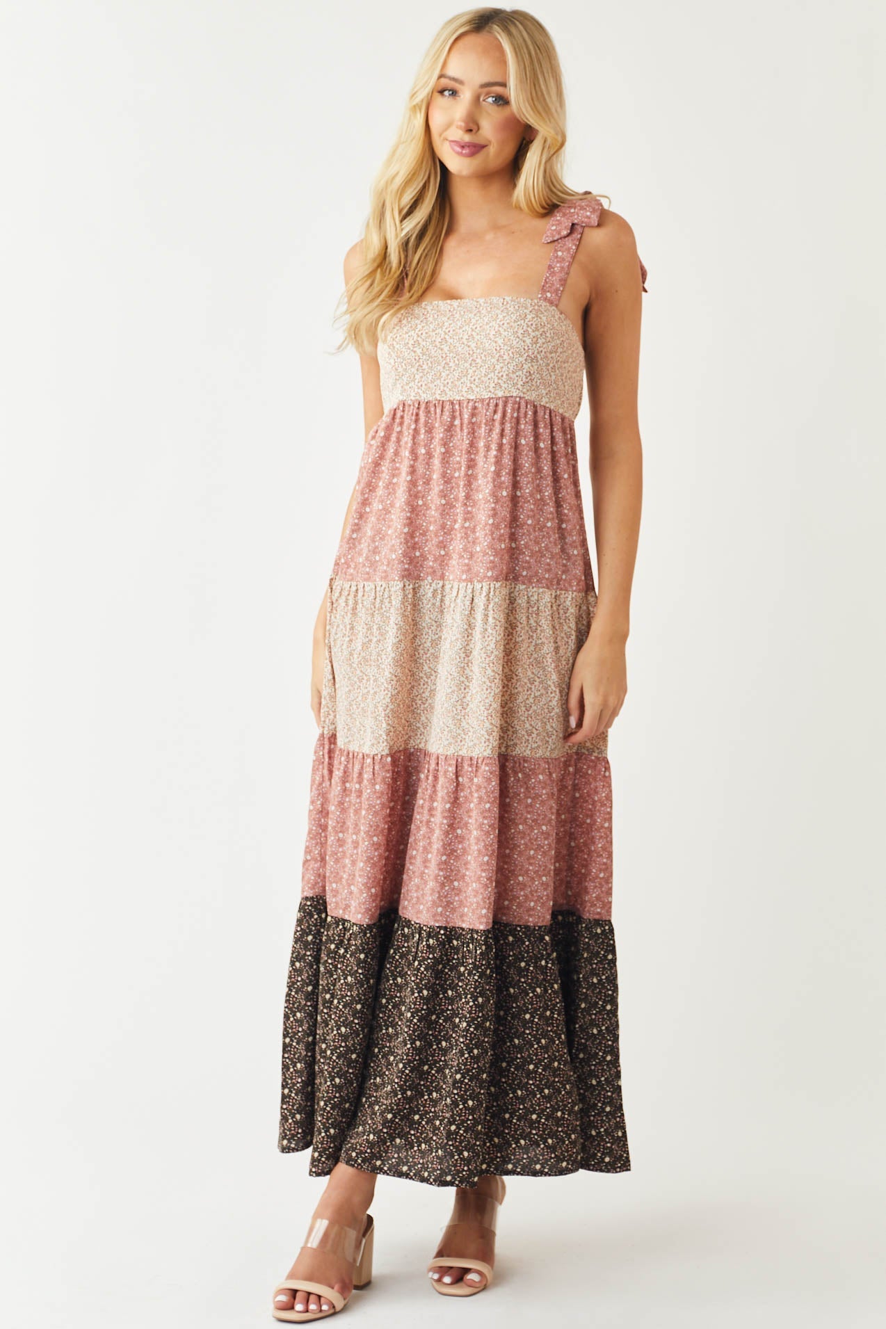 Mauve Ditsy Floral Colorblock Tiered Maxi Dress
