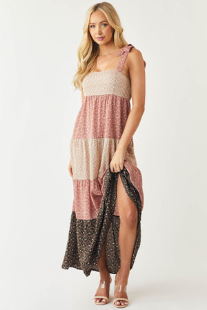 Mauve Ditsy Floral Colorblock Tiered Maxi Dress