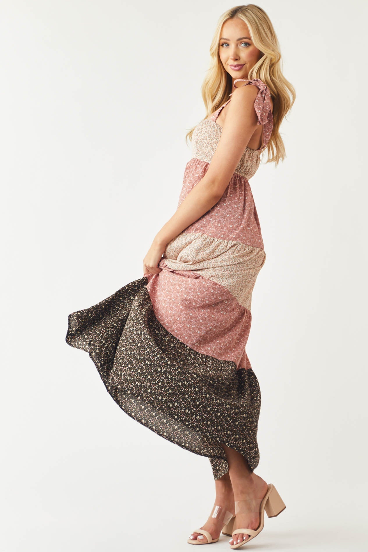 Mauve Ditsy Floral Colorblock Tiered Maxi Dress