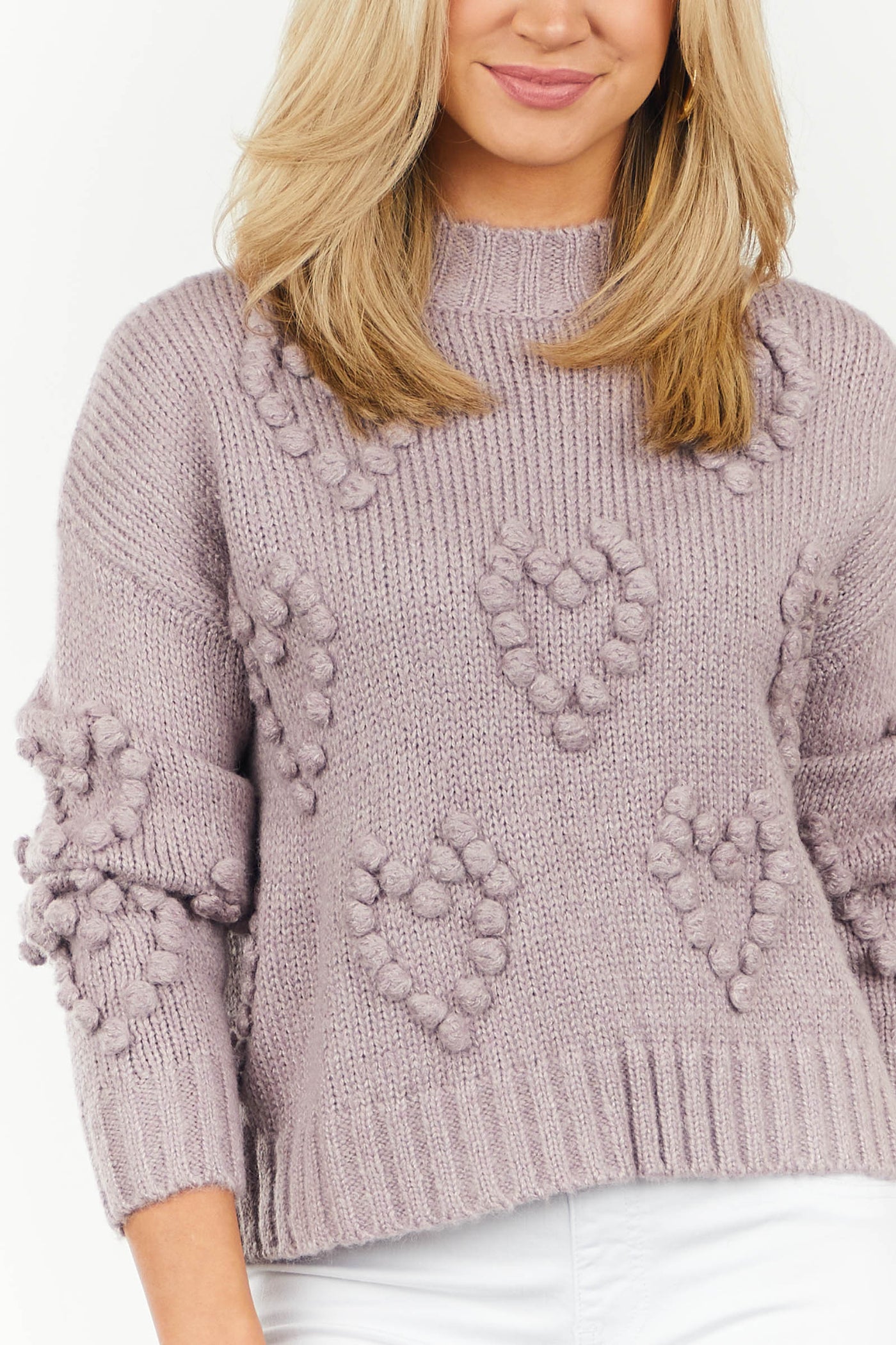 Mauve Drop Shoulder Sweater with Pompom Hearts