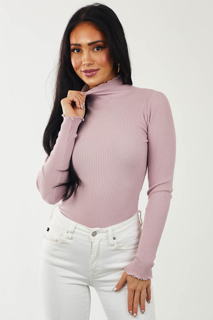 Mauve Fitted Lettuce Trim Mock Neck Ribbed Top