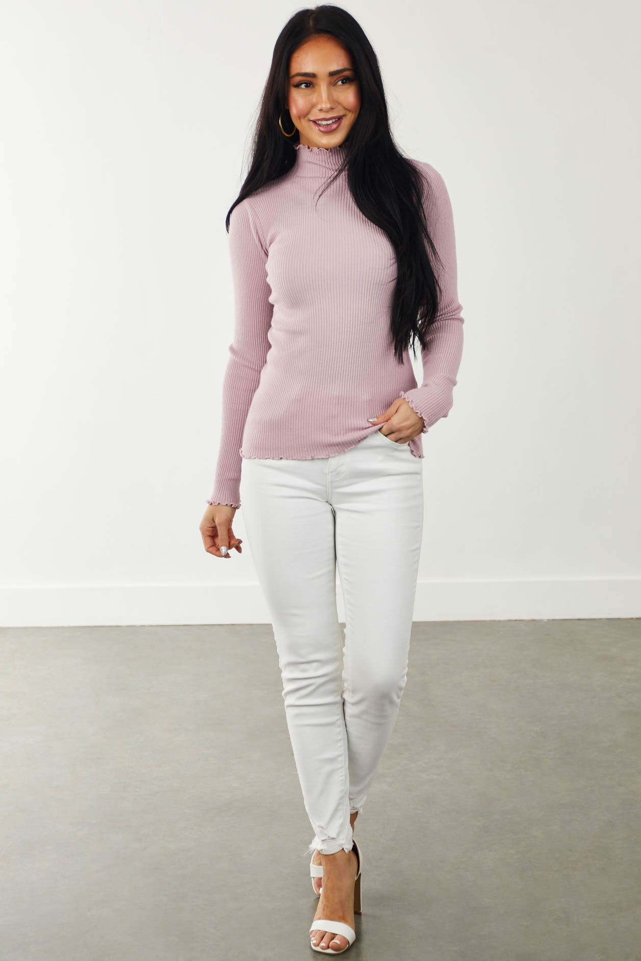 Mauve Fitted Lettuce Trim Mock Neck Ribbed Top