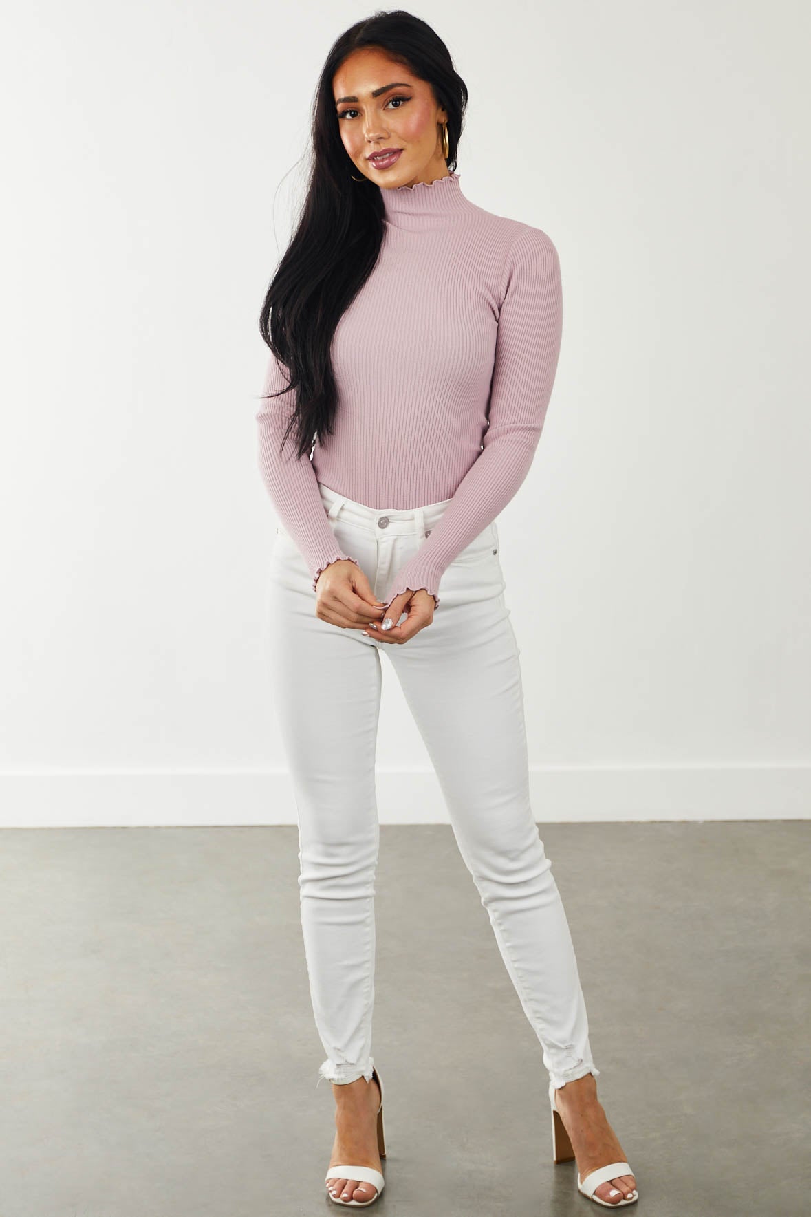 Mauve Fitted Lettuce Trim Mock Neck Ribbed Top