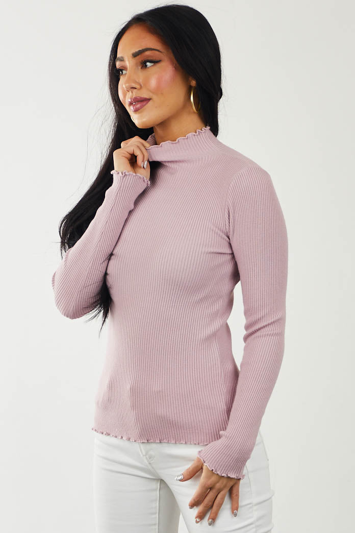 Mauve Fitted Lettuce Trim Mock Neck Ribbed Top