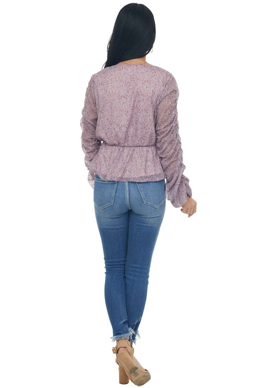 Mauve Floral Print Ruched Sleeve Peplum Blouse