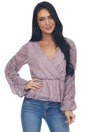 Mauve Floral Print Ruched Sleeve Peplum Blouse