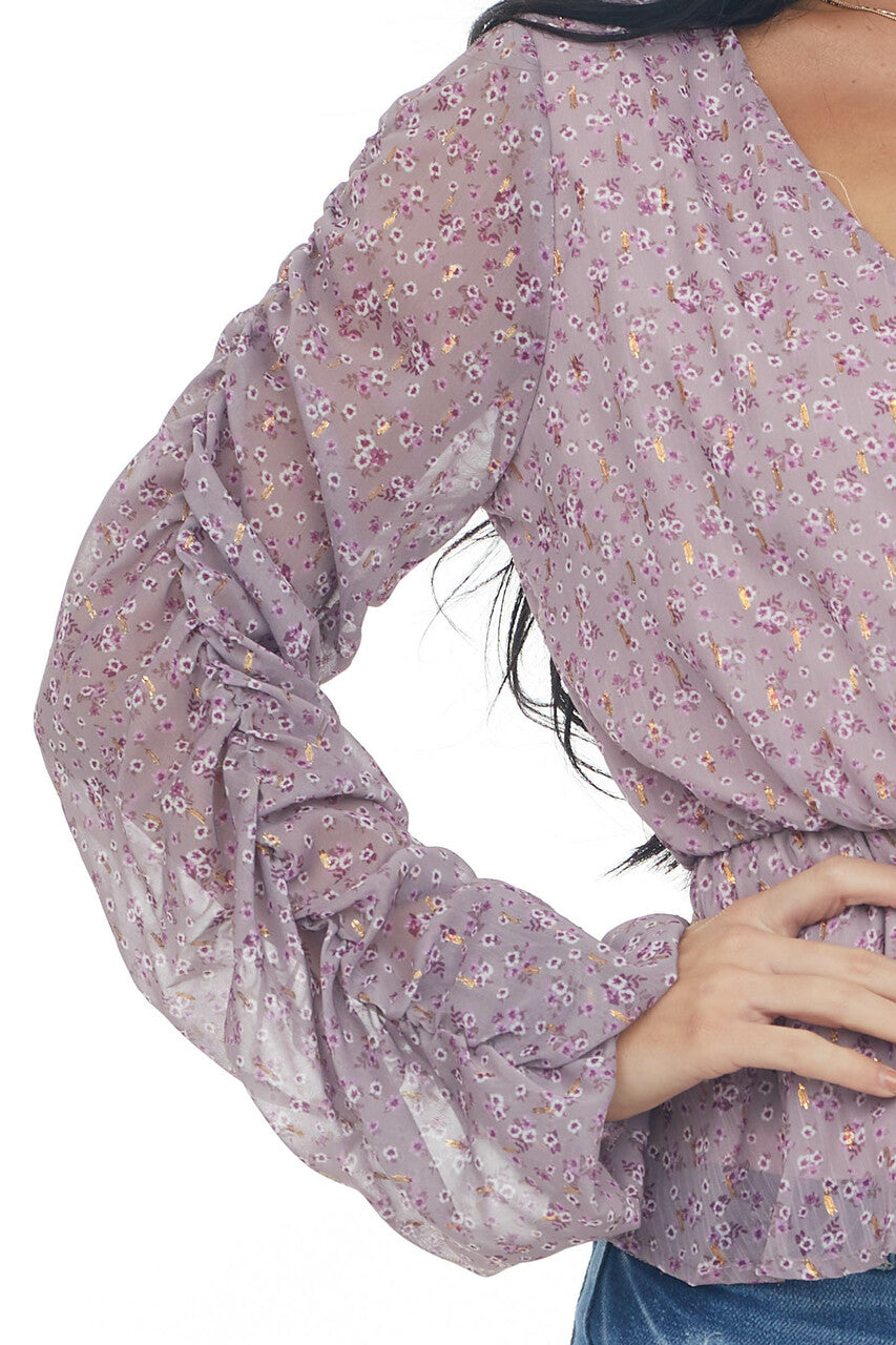 Mauve Floral Print Ruched Sleeve Peplum Blouse