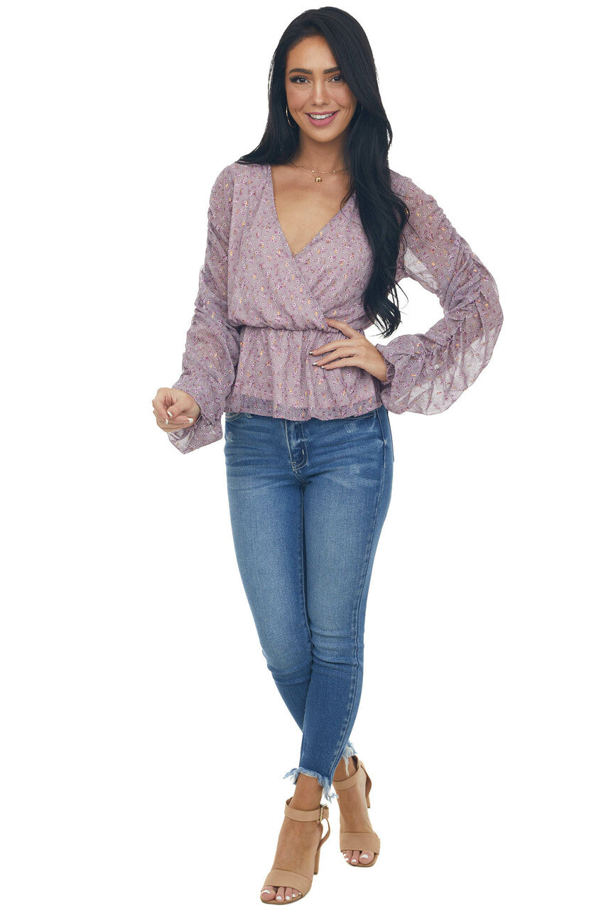 Mauve Floral Print Ruched Sleeve Peplum Blouse