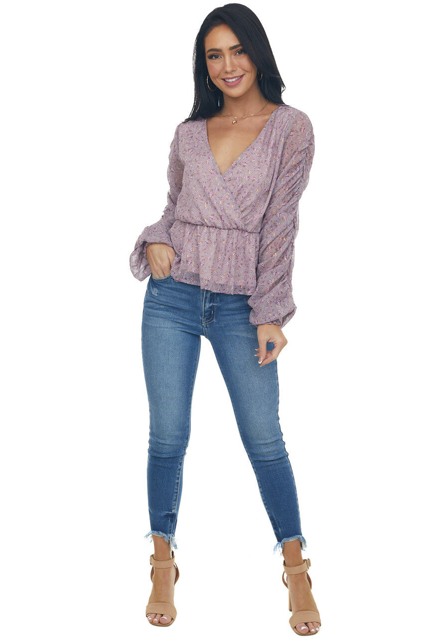 Mauve Floral Print Ruched Sleeve Peplum Blouse