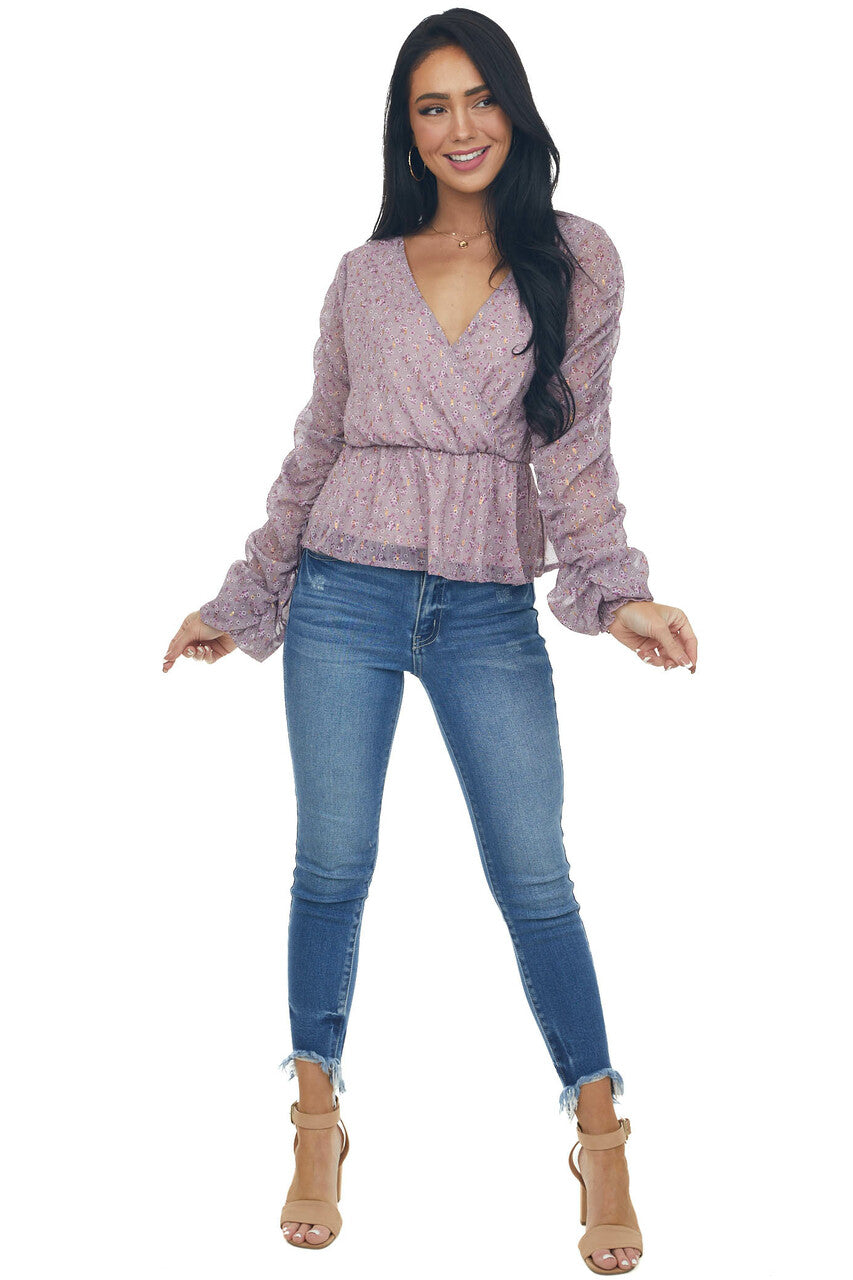 Mauve Floral Print Ruched Sleeve Peplum Blouse