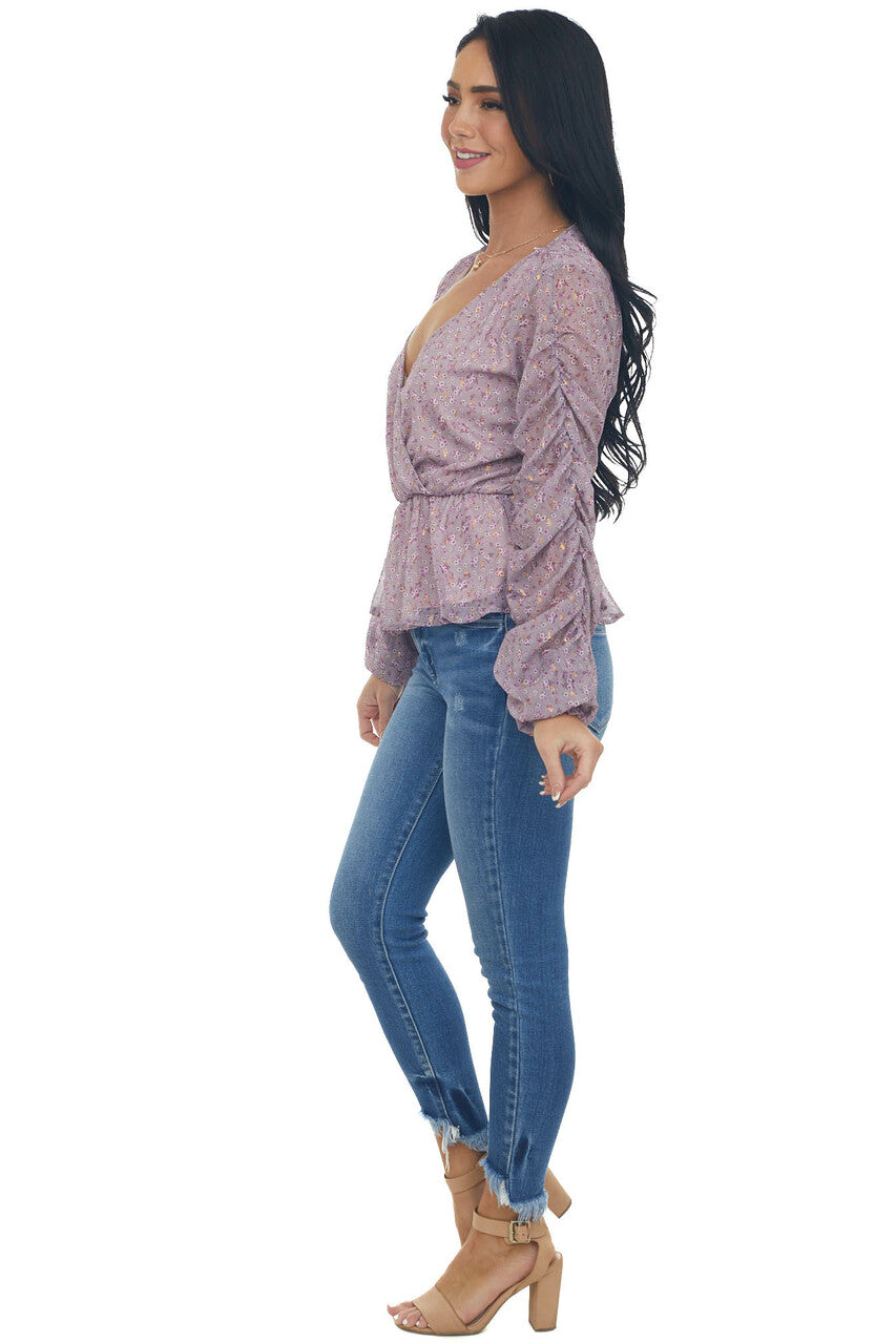 Mauve Floral Print Ruched Sleeve Peplum Blouse