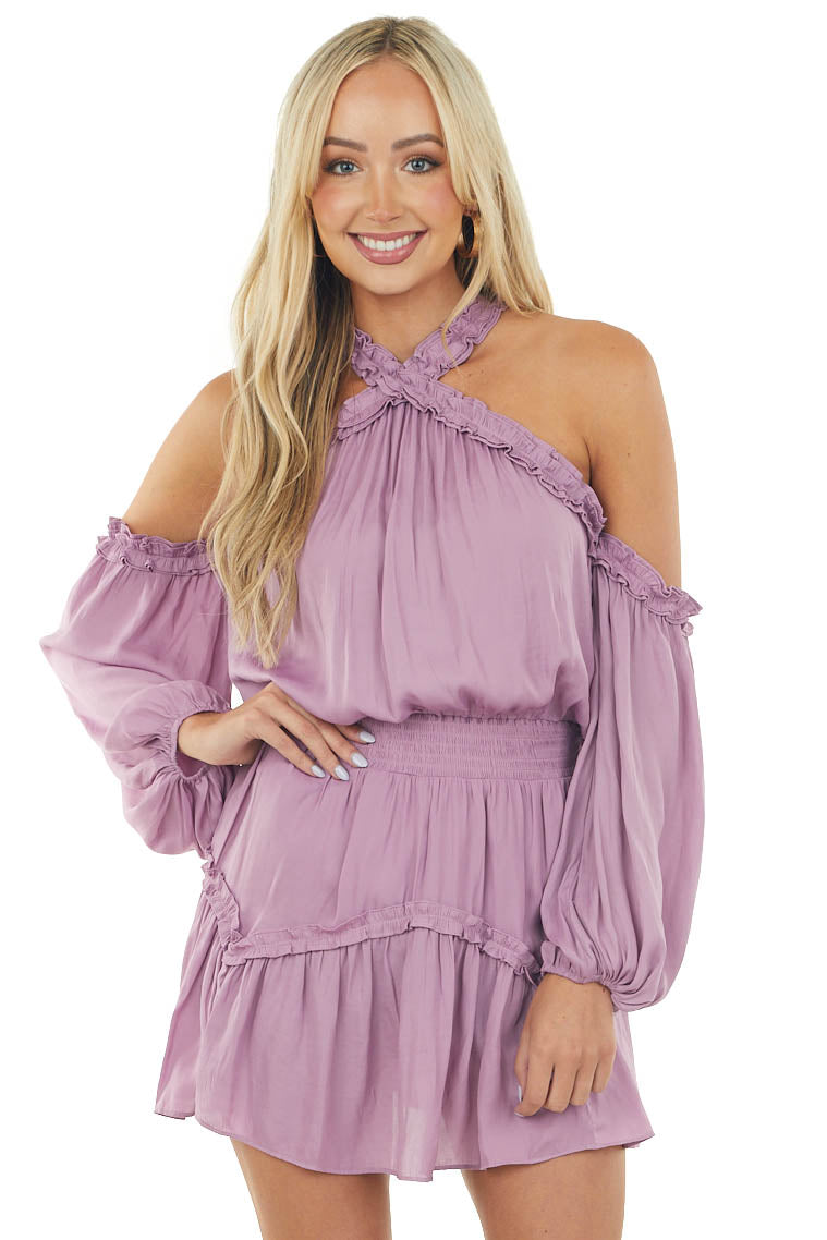 Mauve Frilled Cold Shoulder Silky Short Dress