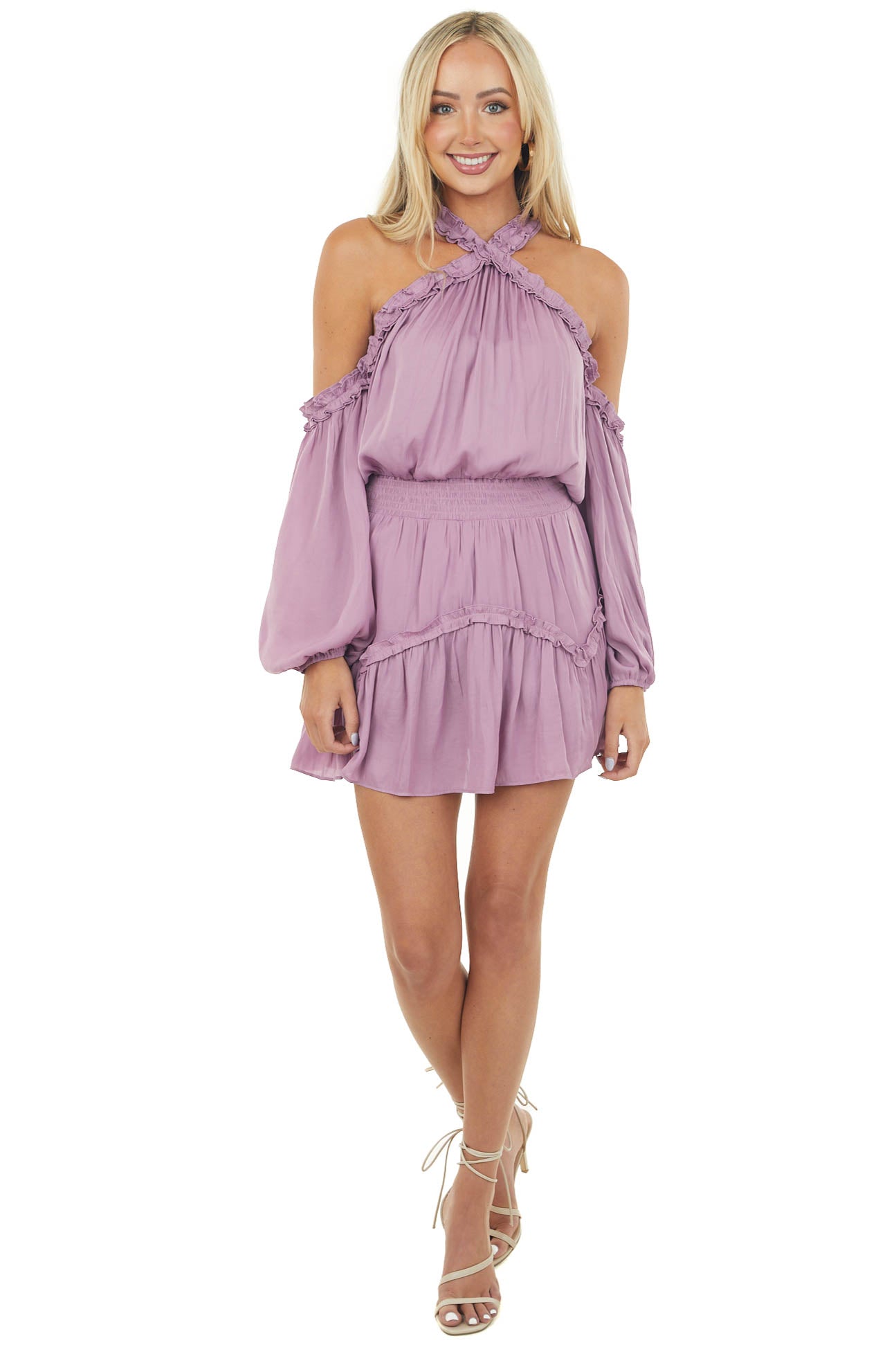Mauve Frilled Cold Shoulder Silky Short Dress