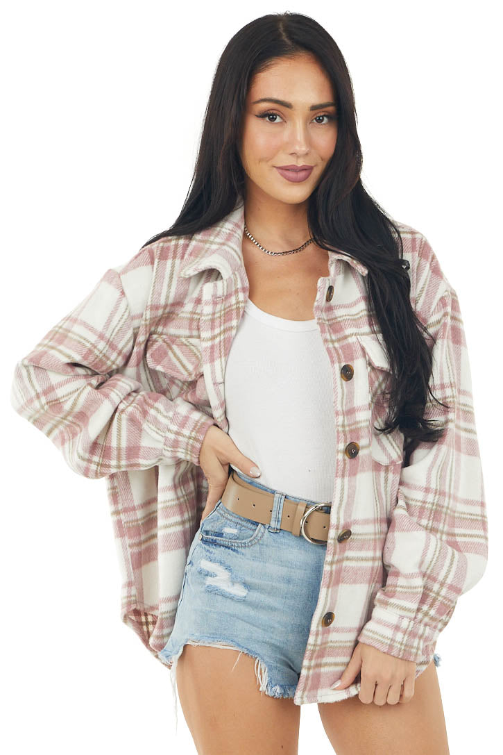 Mauve Plaid Chest Pocket Fleece Shacket