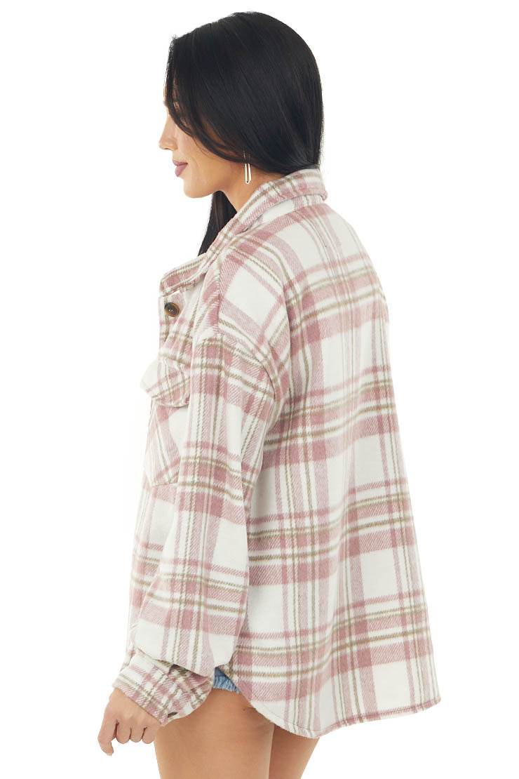 Mauve Plaid Chest Pocket Fleece Shacket