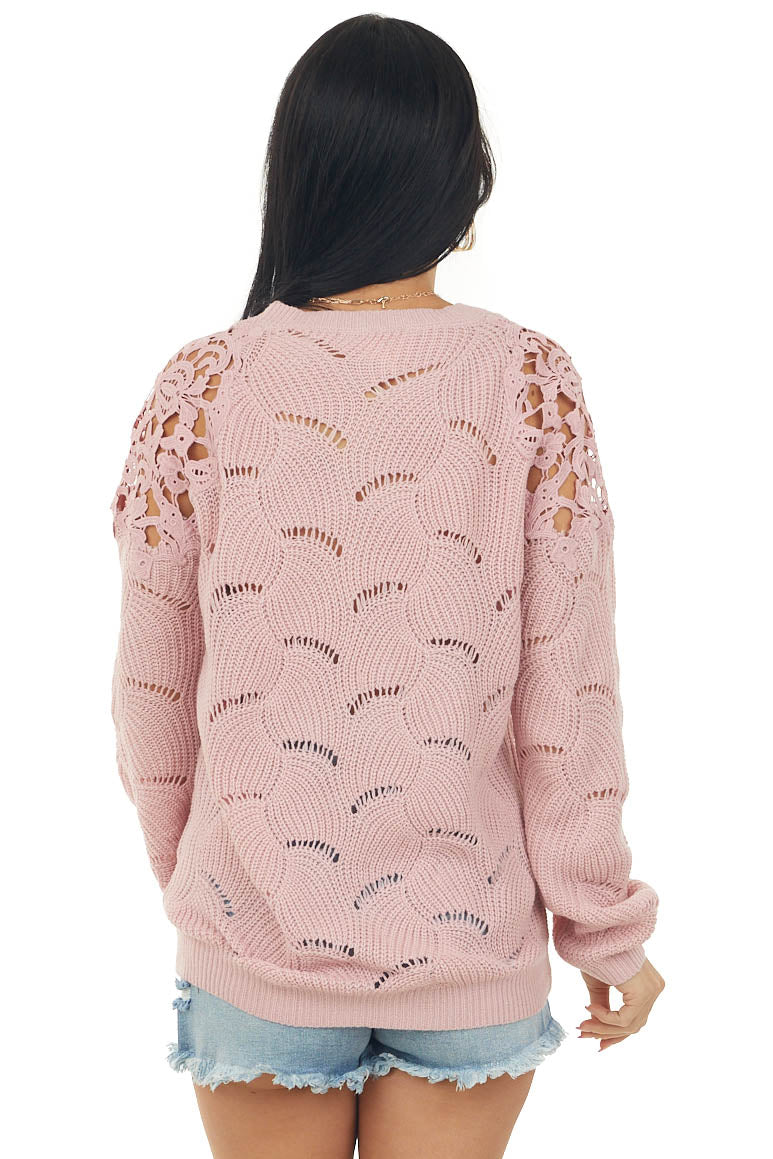 Mauve Pointelle Lace Shoulder Sweater
