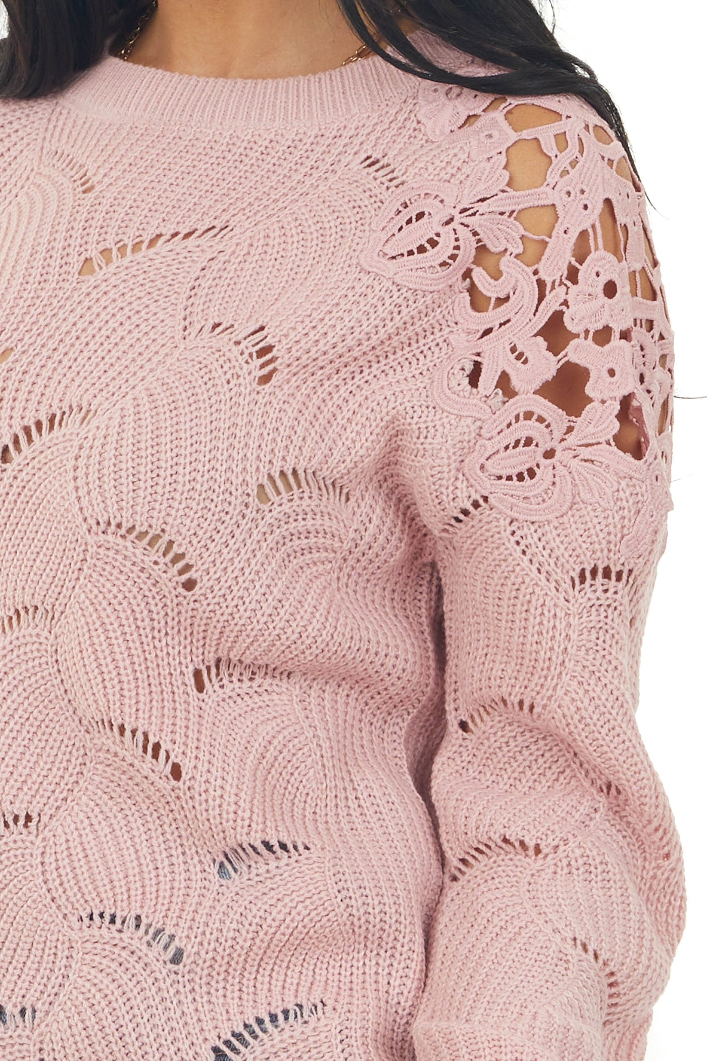 Mauve Pointelle Lace Shoulder Sweater