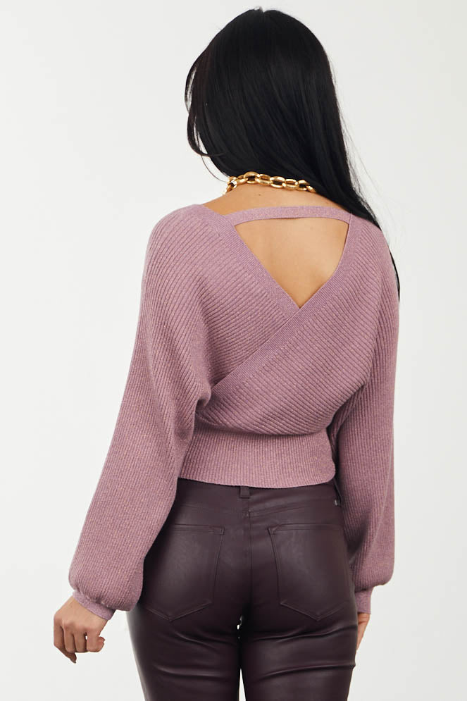 Mauve Ribbed Surplice Long Sleeve Sweater