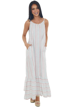 Mauve Striped Maxi Dress with Side Pockets