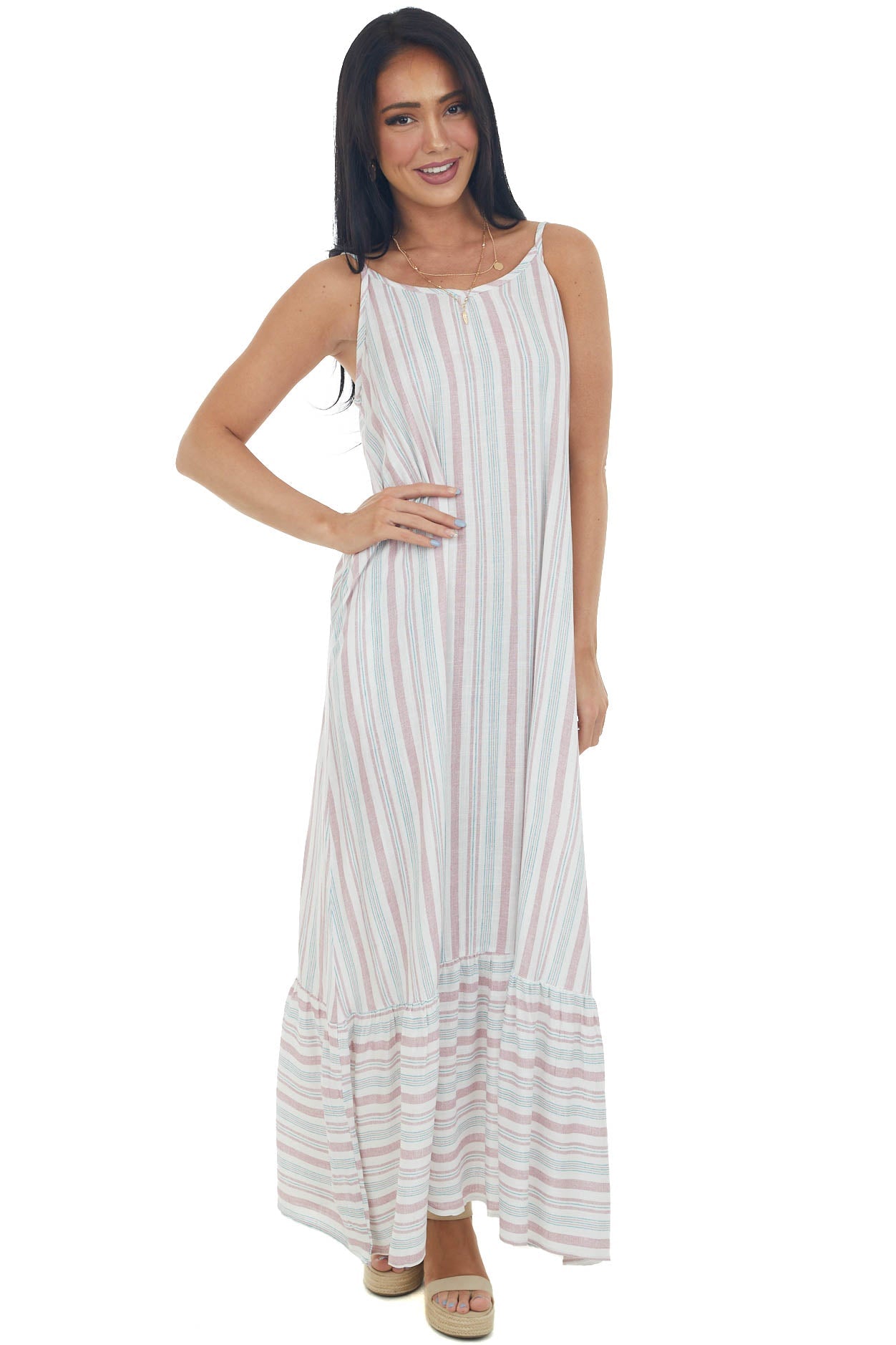 Mauve Striped Maxi Dress with Side Pockets