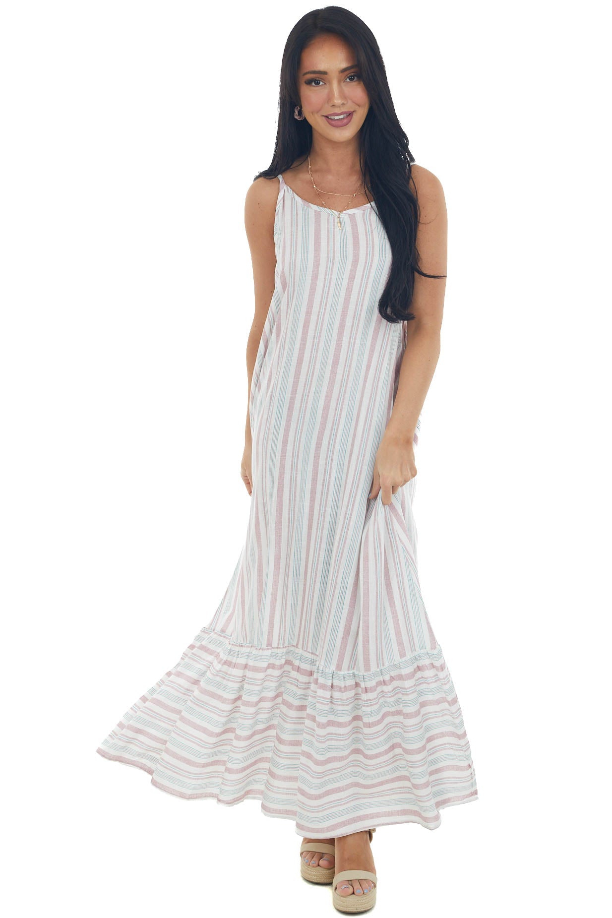 Mauve Striped Maxi Dress with Side Pockets