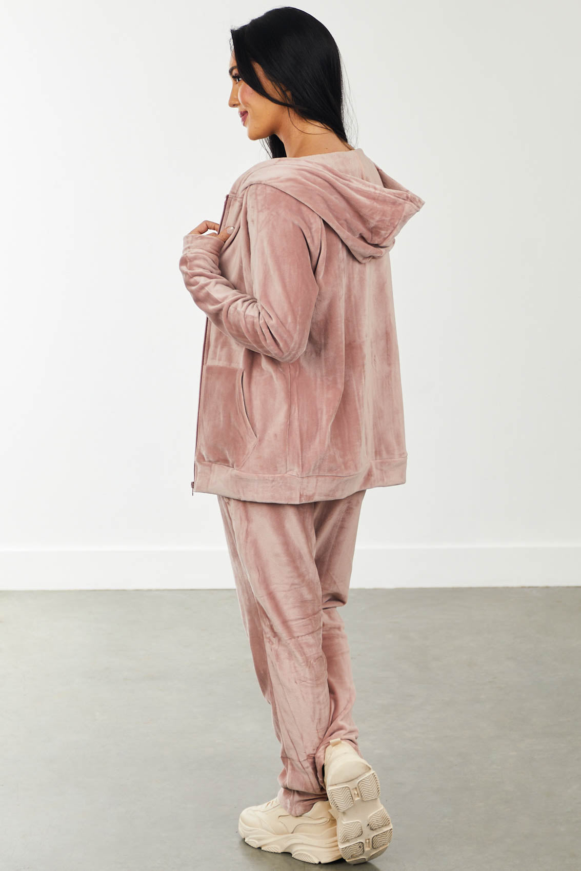 Mauve Super Soft Velour Hooded Tracksuit Set
