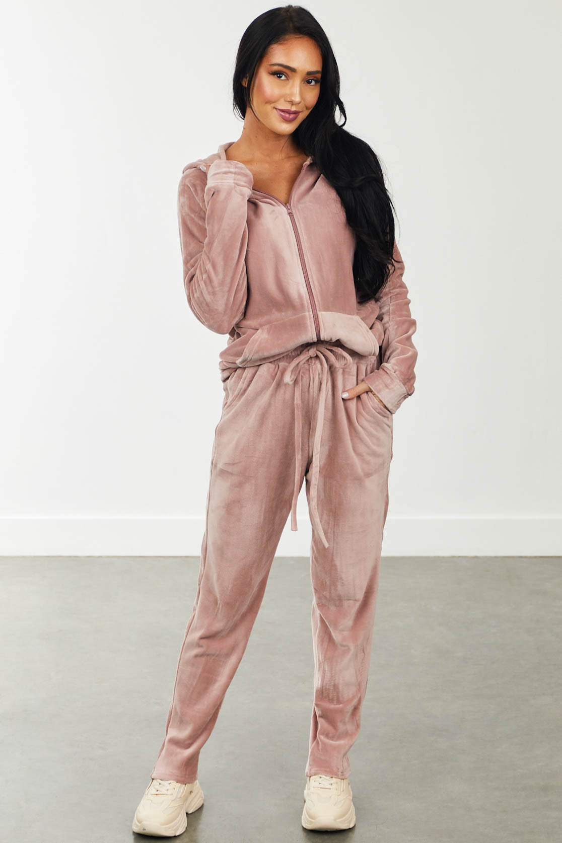 Mauve Super Soft Velour Hooded Tracksuit Set