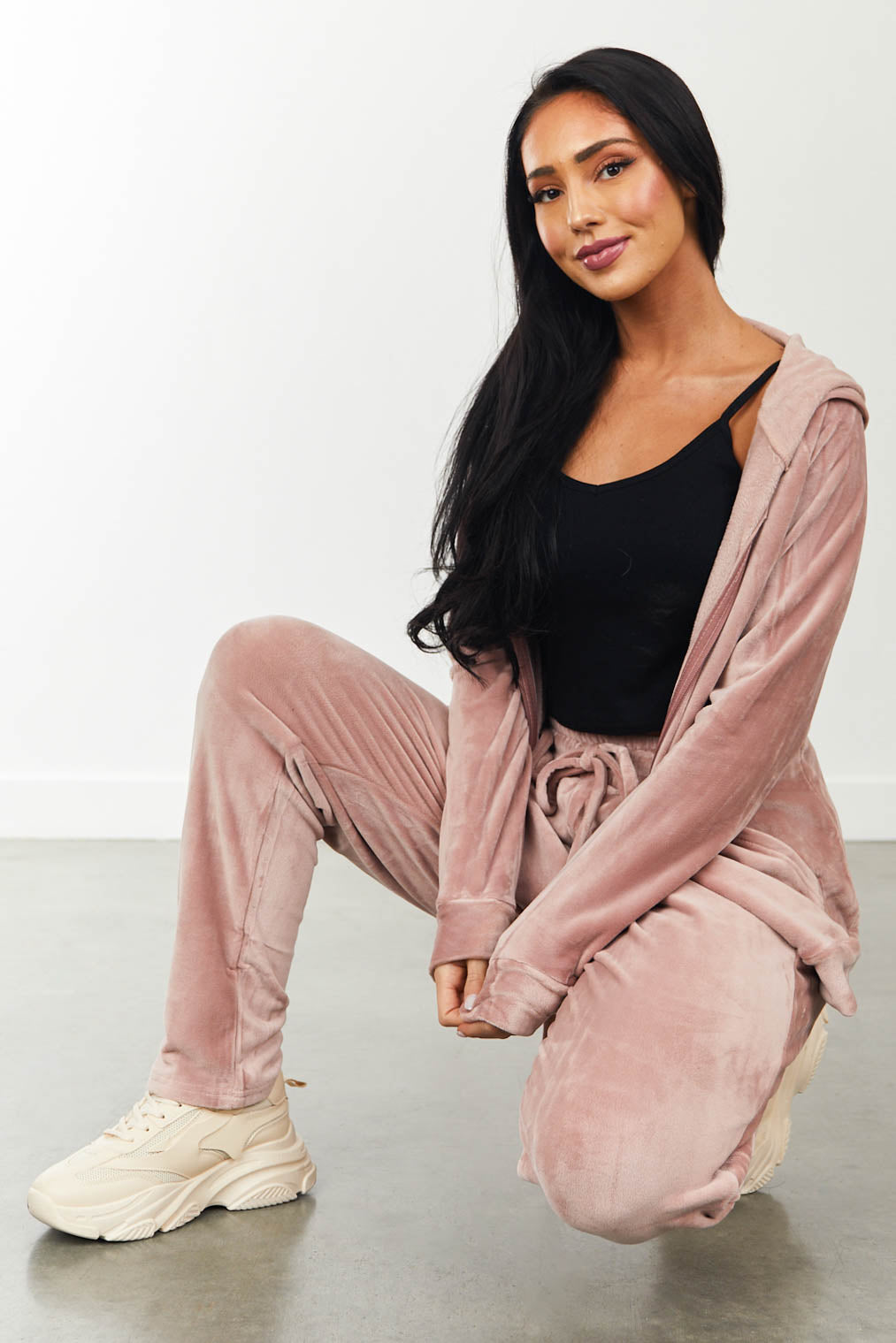 Mauve Super Soft Velour Hooded Tracksuit Set