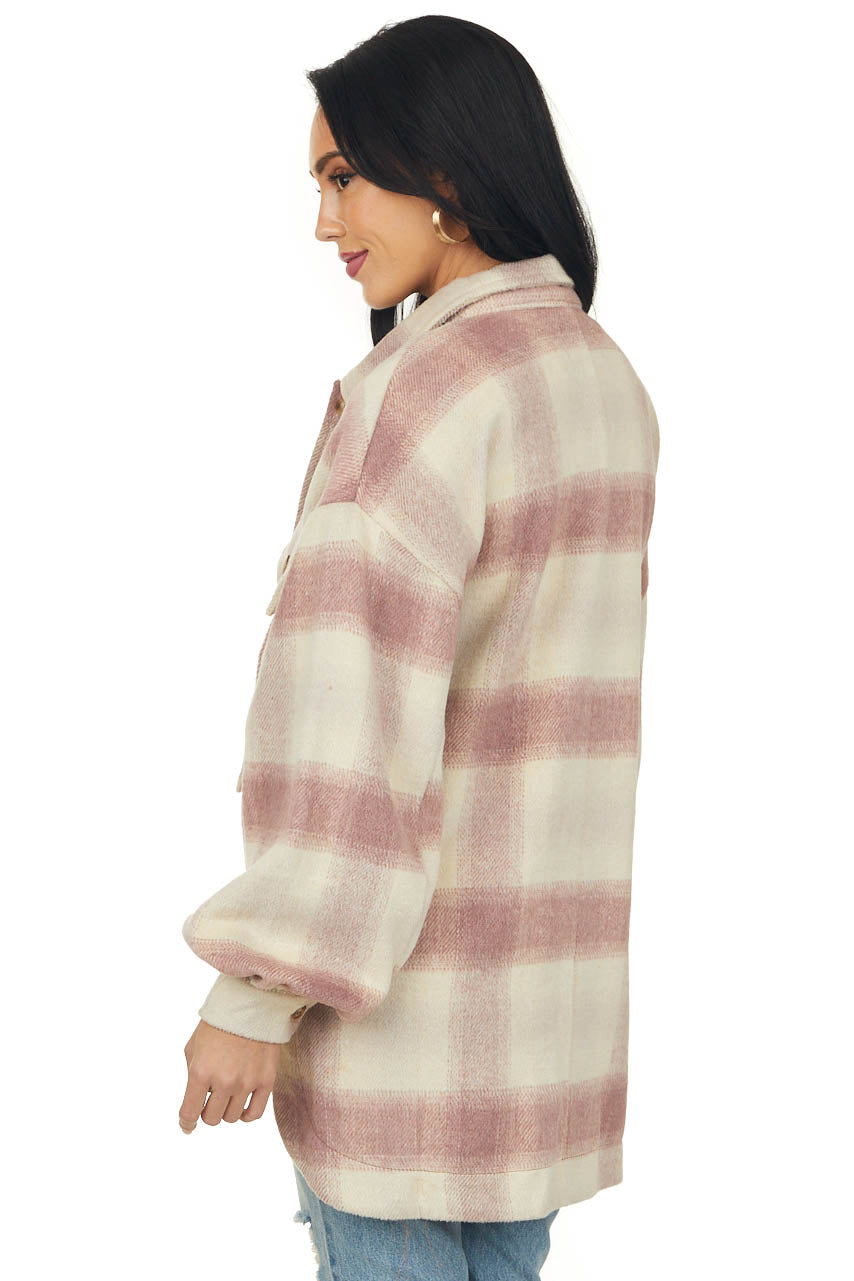 Mauve and Cream Checkered Fuzzy Shacket