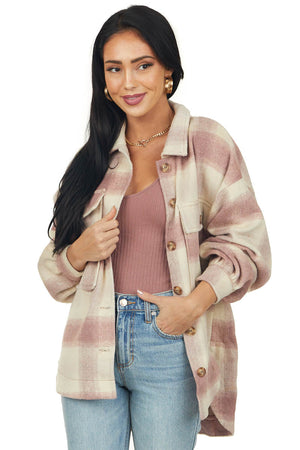 Mauve and Cream Checkered Fuzzy Shacket