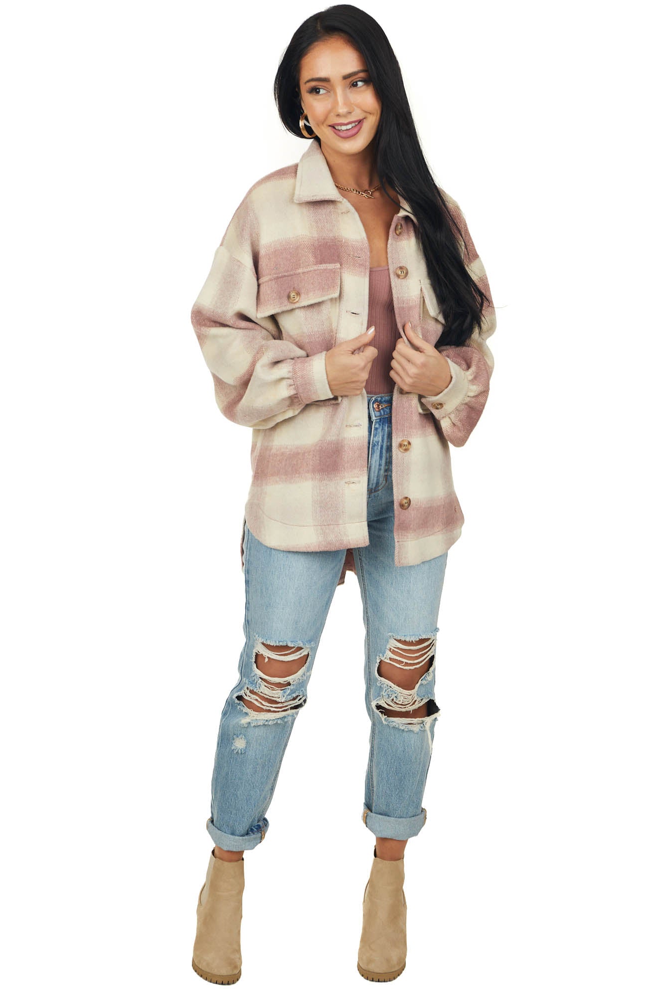 Mauve and Cream Checkered Fuzzy Shacket