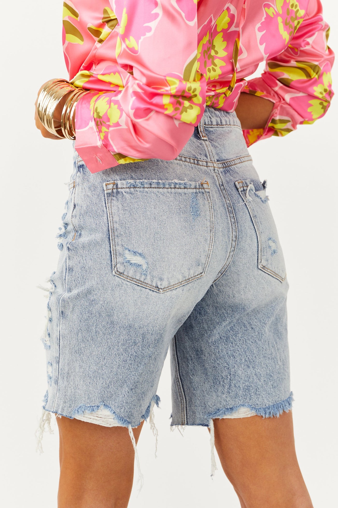 Medium Acid Wash Distressed Bermuda Denim Shorts