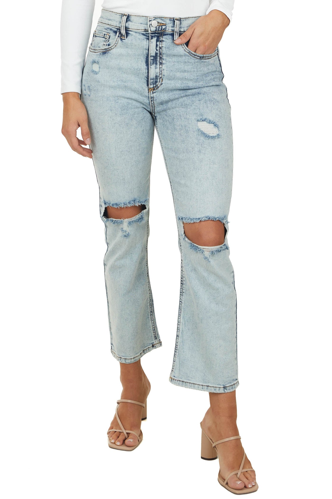 Medium Acid Wash High Rise Distressed Straight Jeans