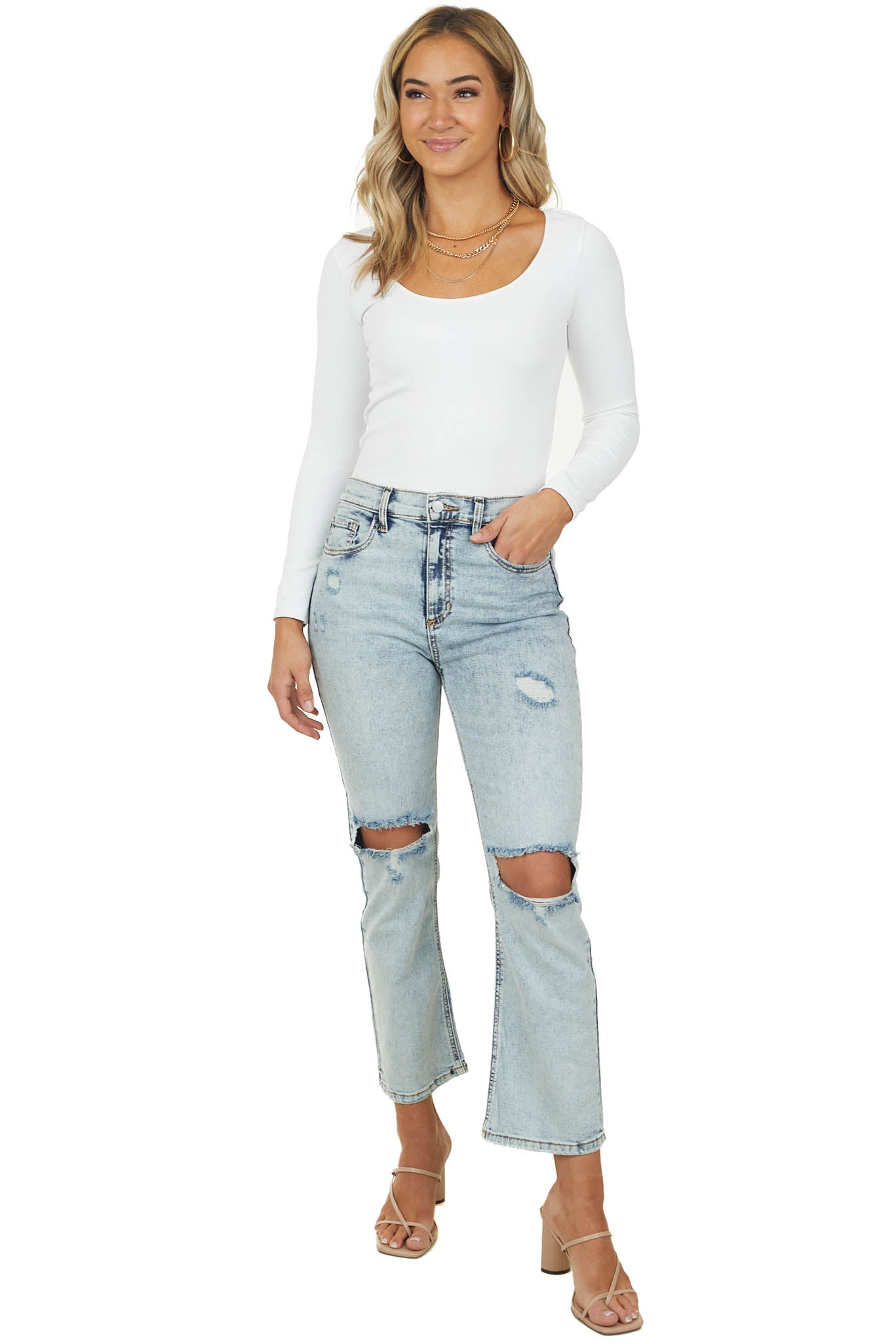 Medium Acid Wash High Rise Distressed Straight Jeans