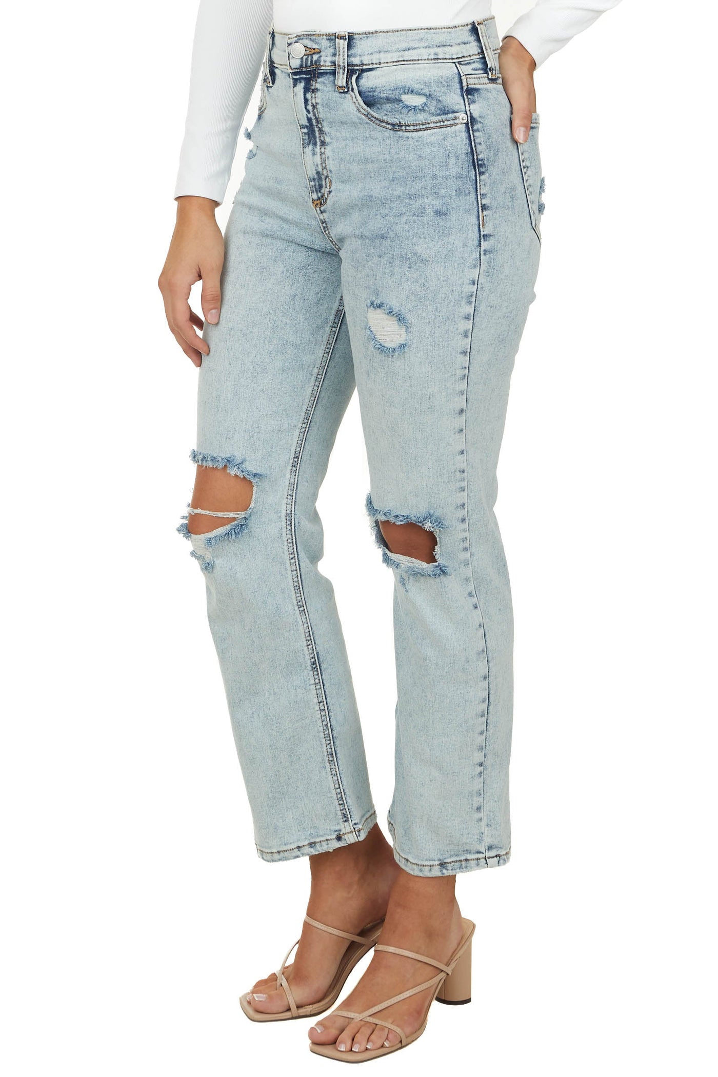 Medium Acid Wash High Rise Distressed Straight Jeans