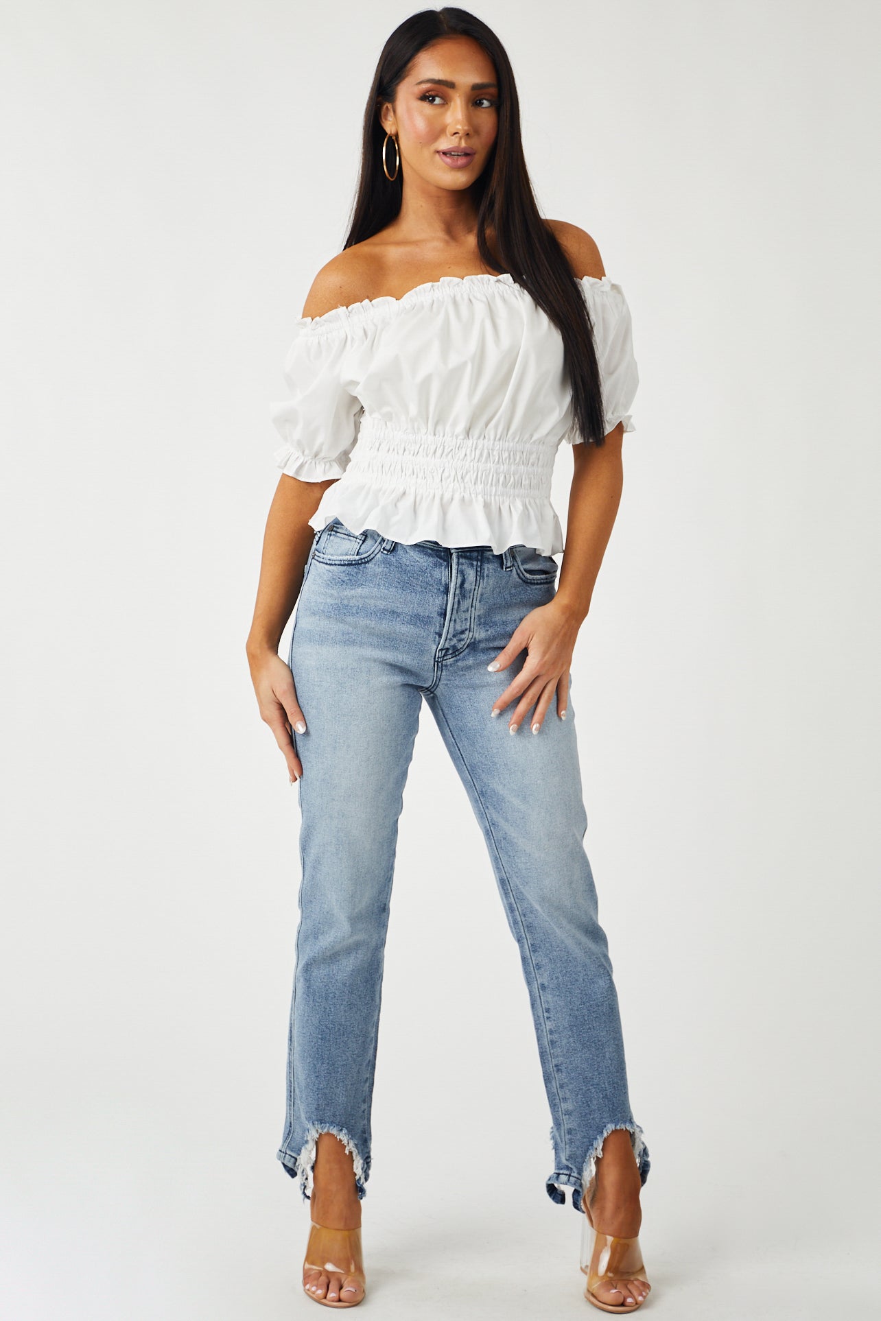 Medium Acid Wash Shark Bite Distressed Hem Jeans