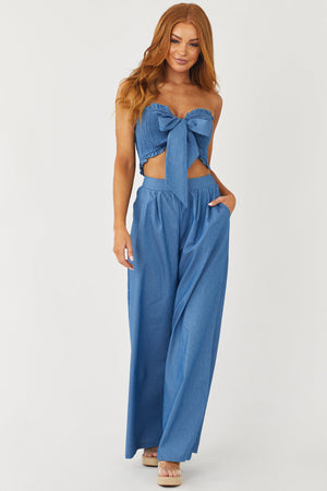Medium Chambray Bandeau and Wide Leg Pants Set
