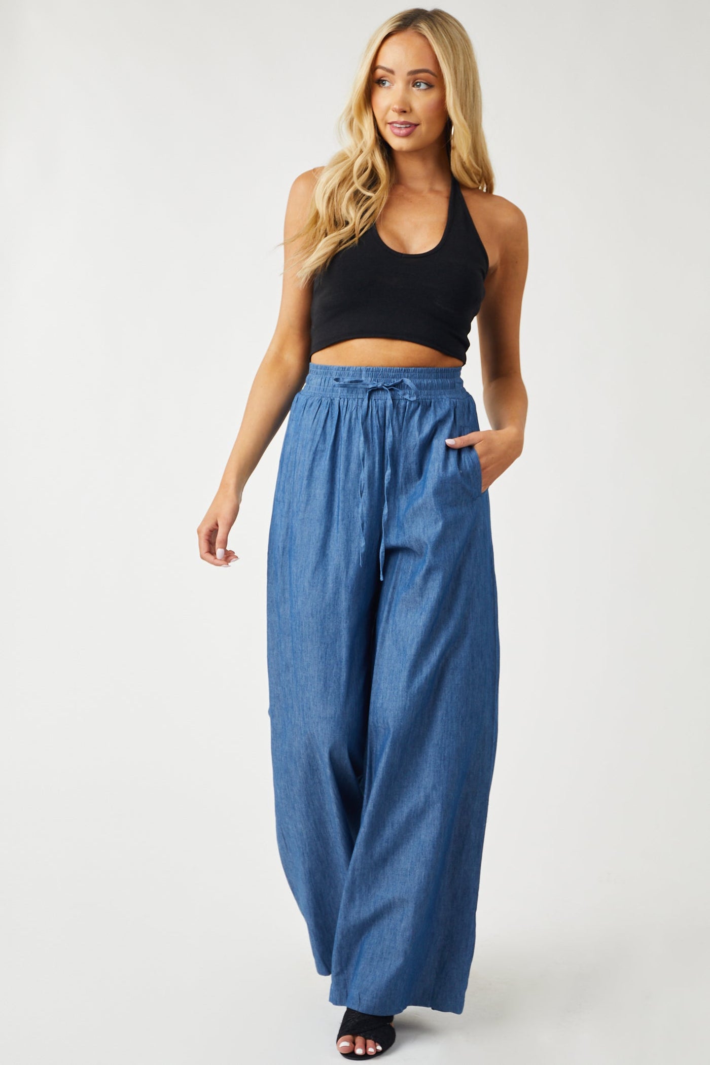 Medium Chambray High Rise Wide Leg Pants