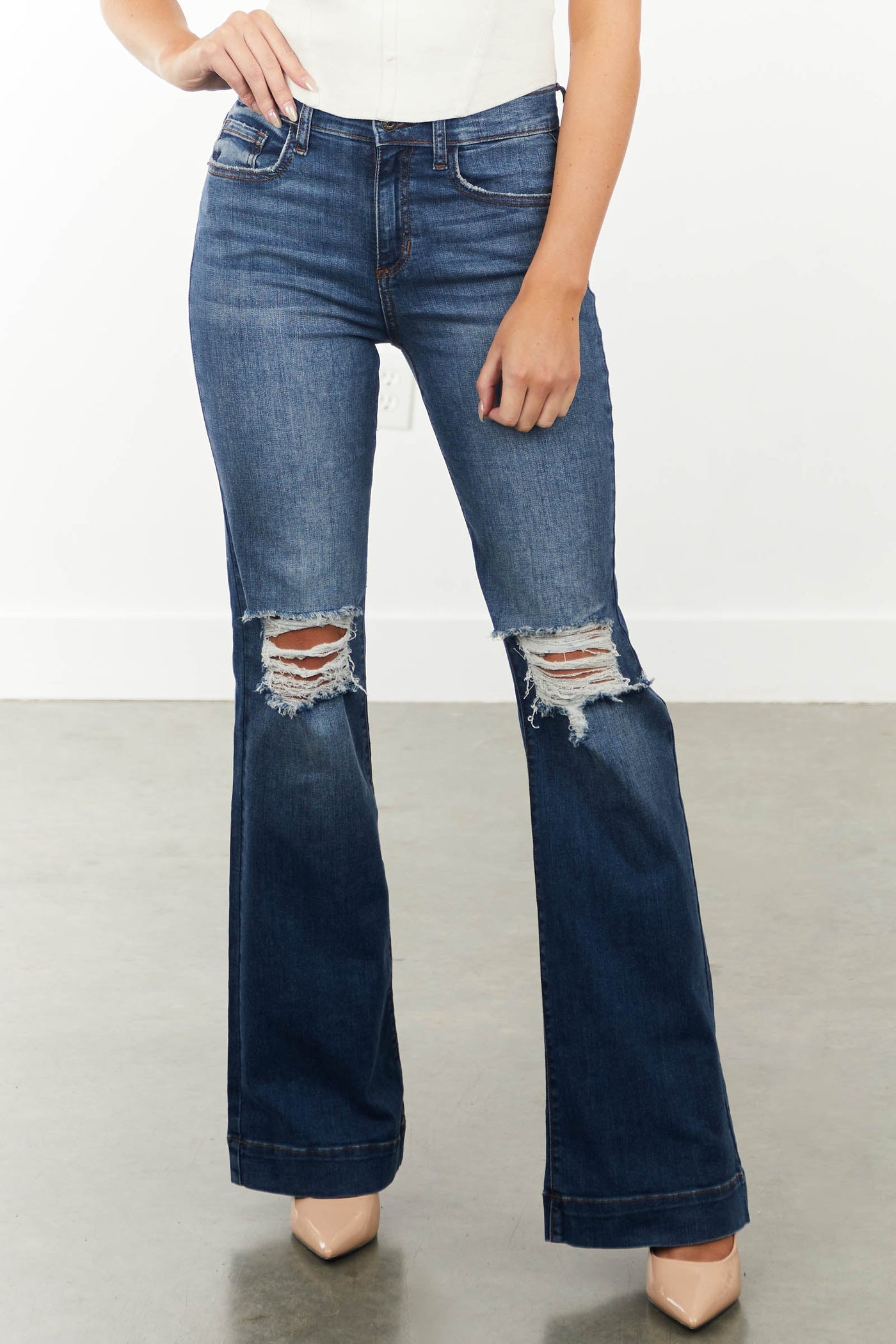 Medium Dark High Rise Destroyed Knee Flare Jeans