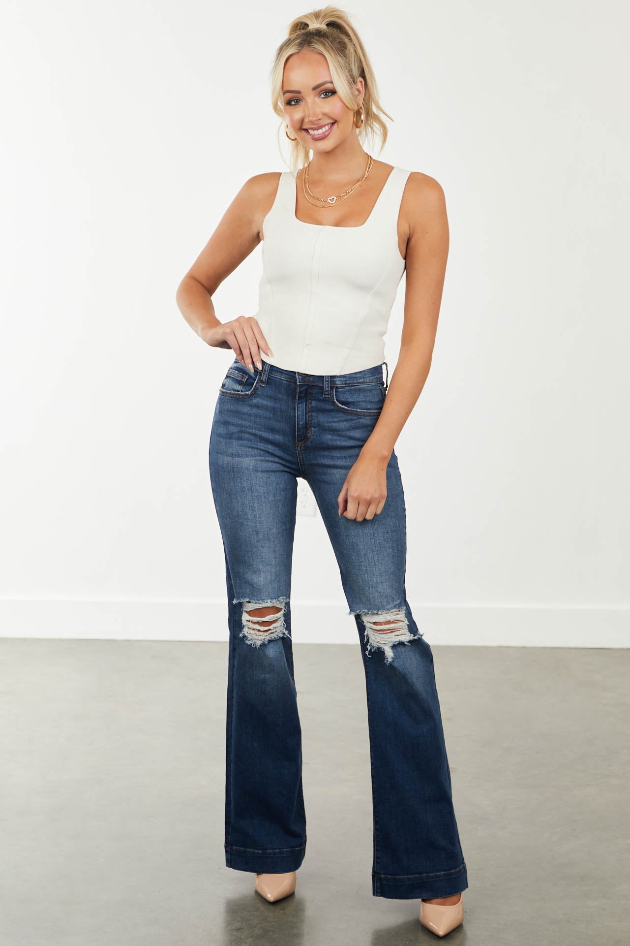 Medium Dark High Rise Destroyed Knee Flare Jeans