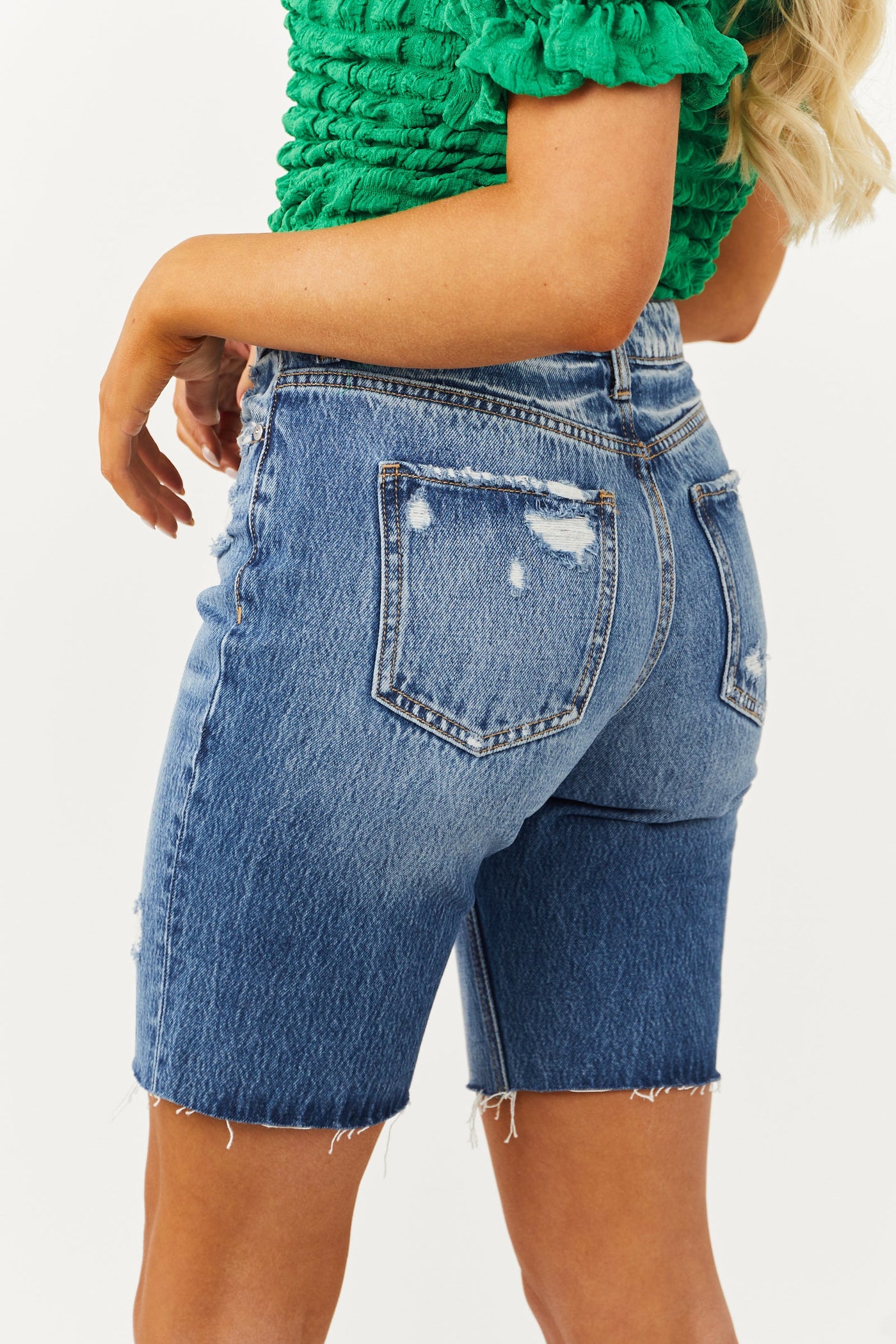 Medium Dark High Rise Raw Hem Bermuda Shorts