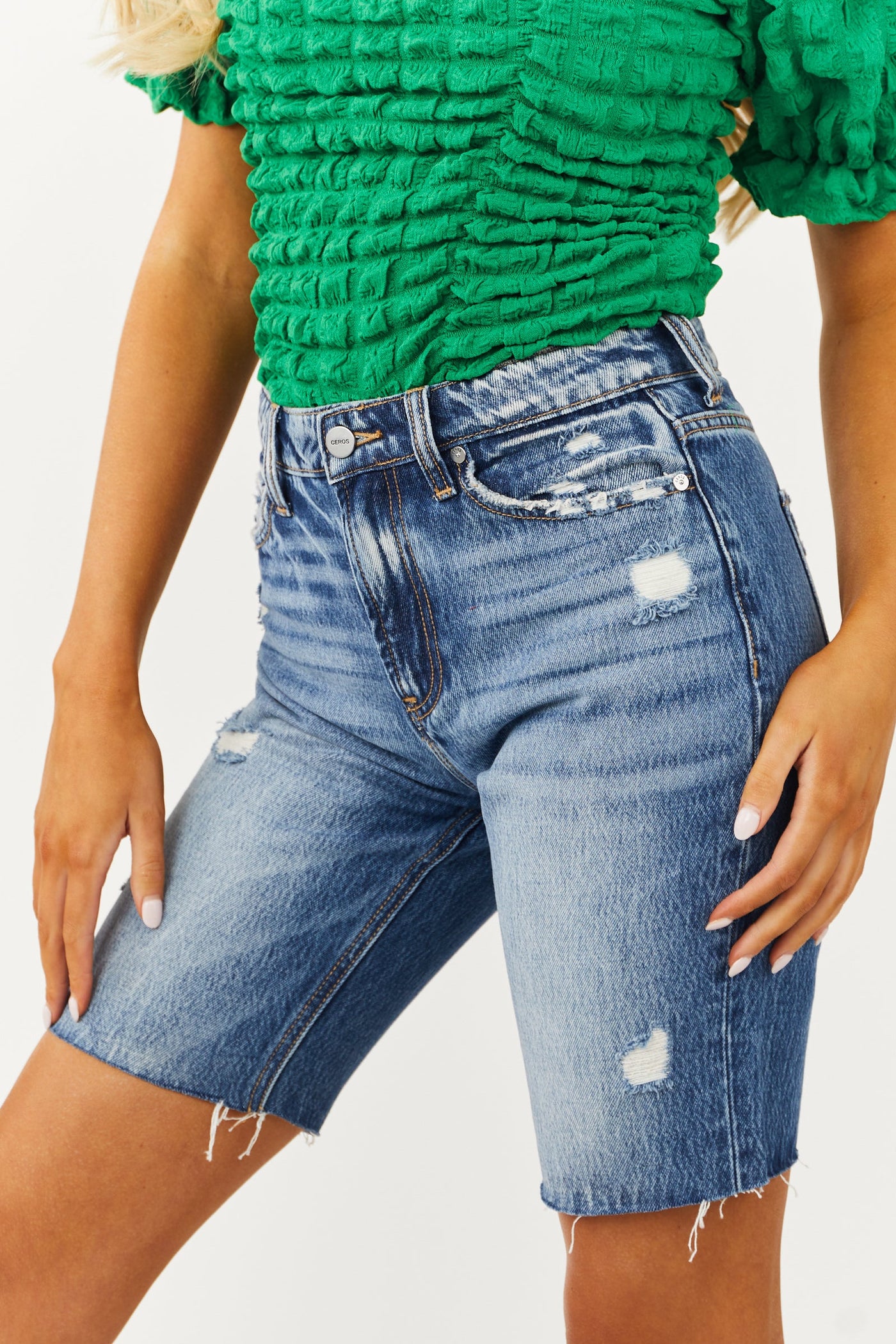 Medium Dark High Rise Raw Hem Bermuda Shorts