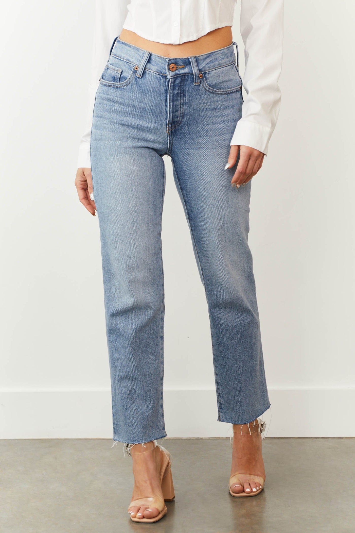 Medium Denim Wash Button Fly Straight Ankle Jeans