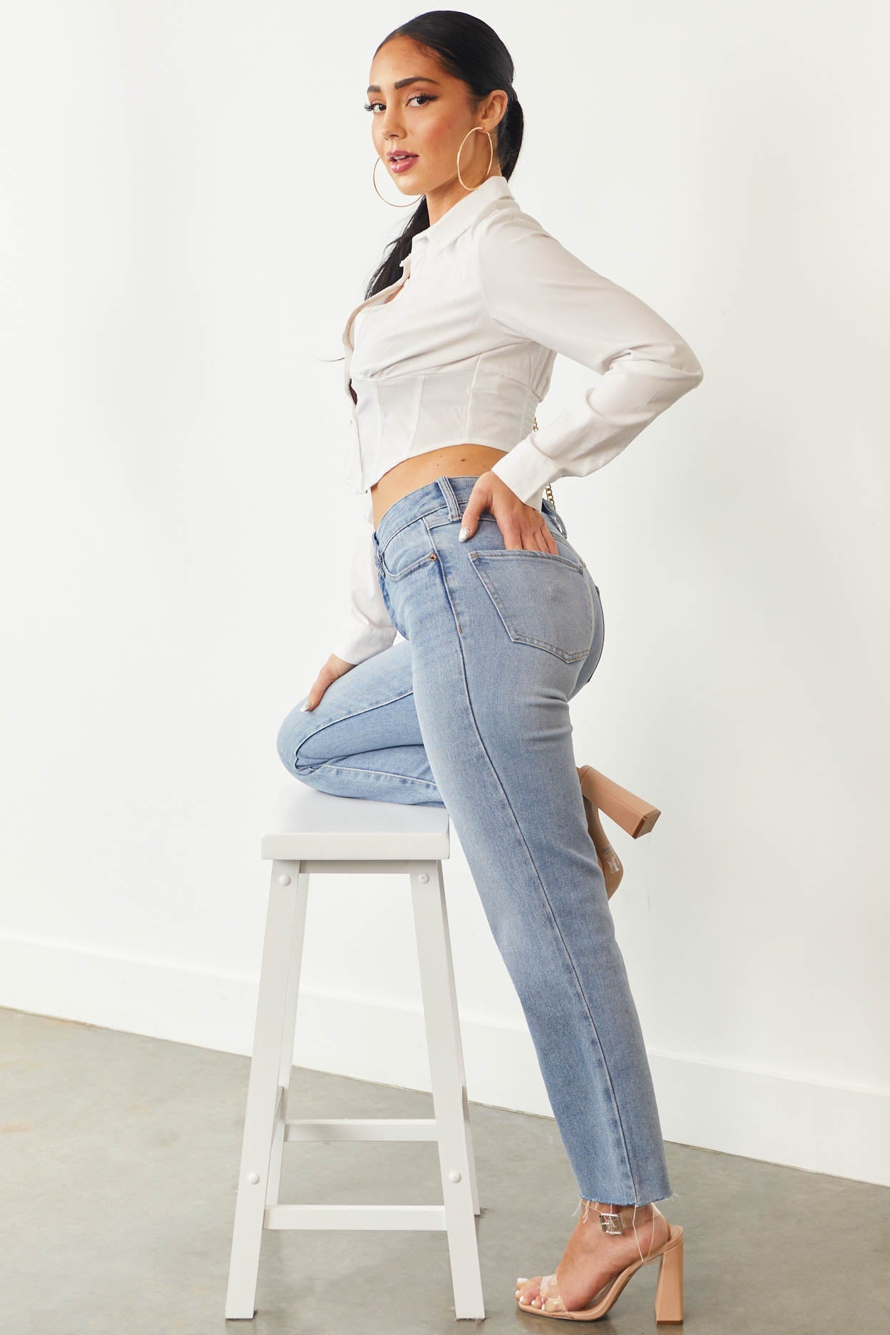 Medium Denim Wash Button Fly Straight Ankle Jeans