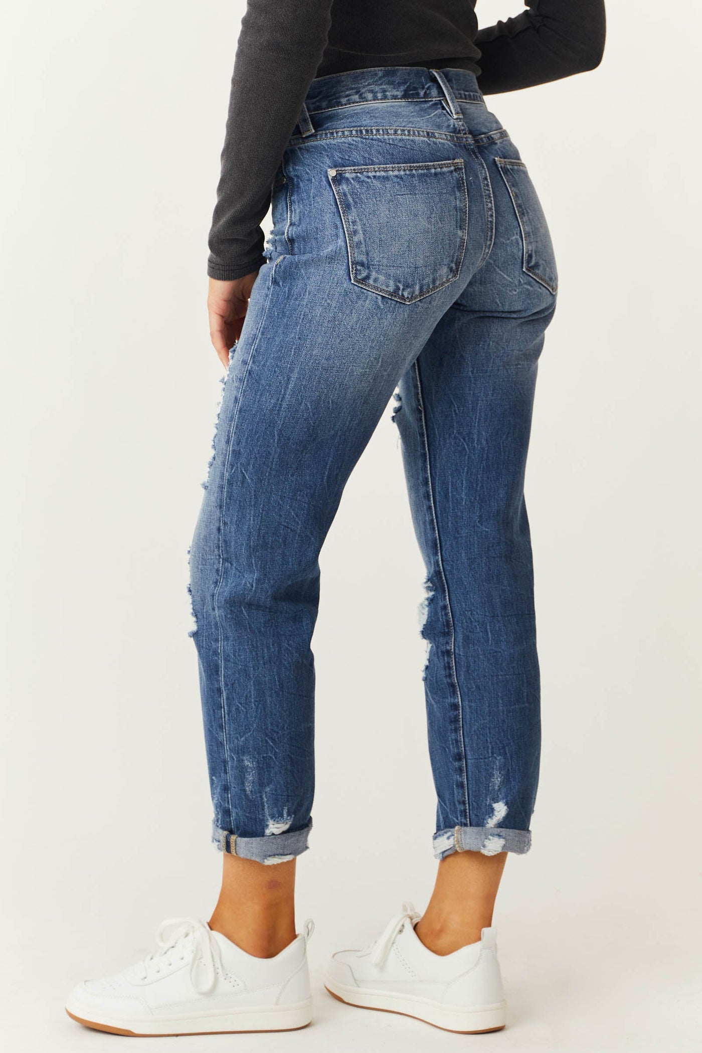 Medium High Rise Destructed Boyfriend Jeans