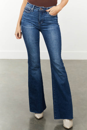 Medium High Rise Raw Hem Stretchy Flare Jeans