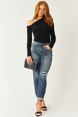 Medium High Rise Shredded Knee Boyfriend Jeans